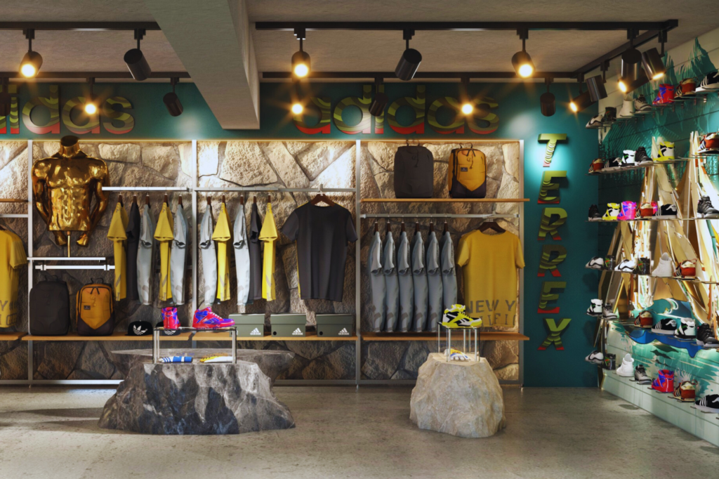 Mobiliario promocional para tienda de moda deportiva.